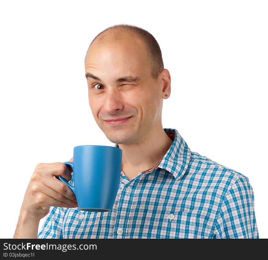 Young man drinking coffee isolated on white