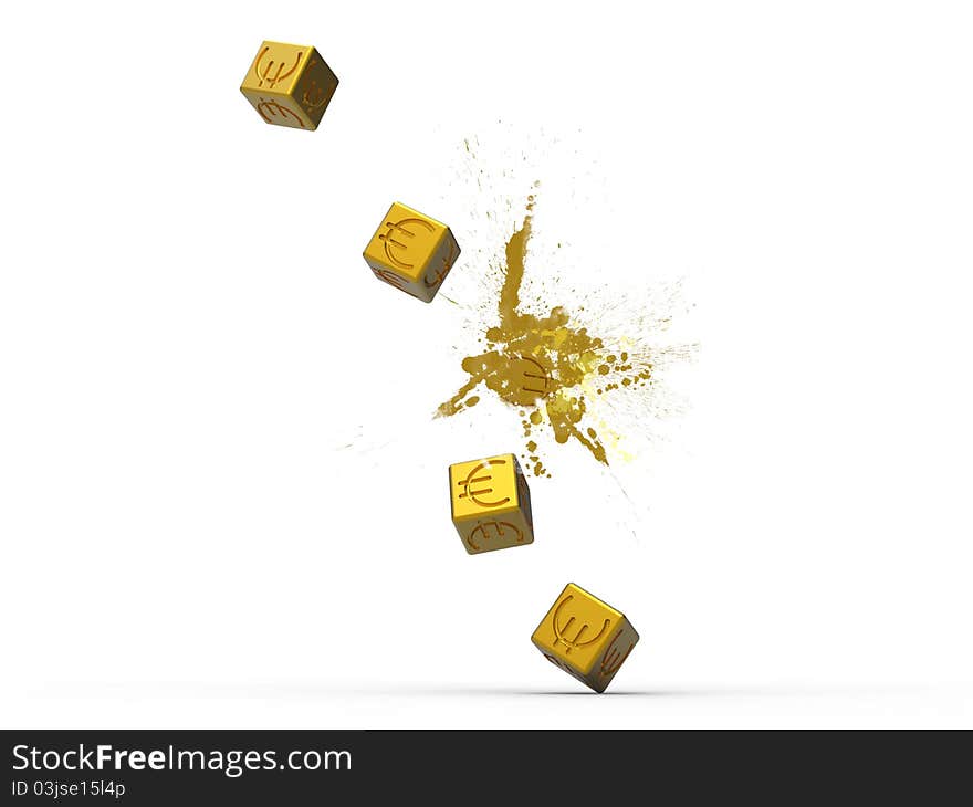 3d illustration of golden euro dice exploding on white background. 3d illustration of golden euro dice exploding on white background