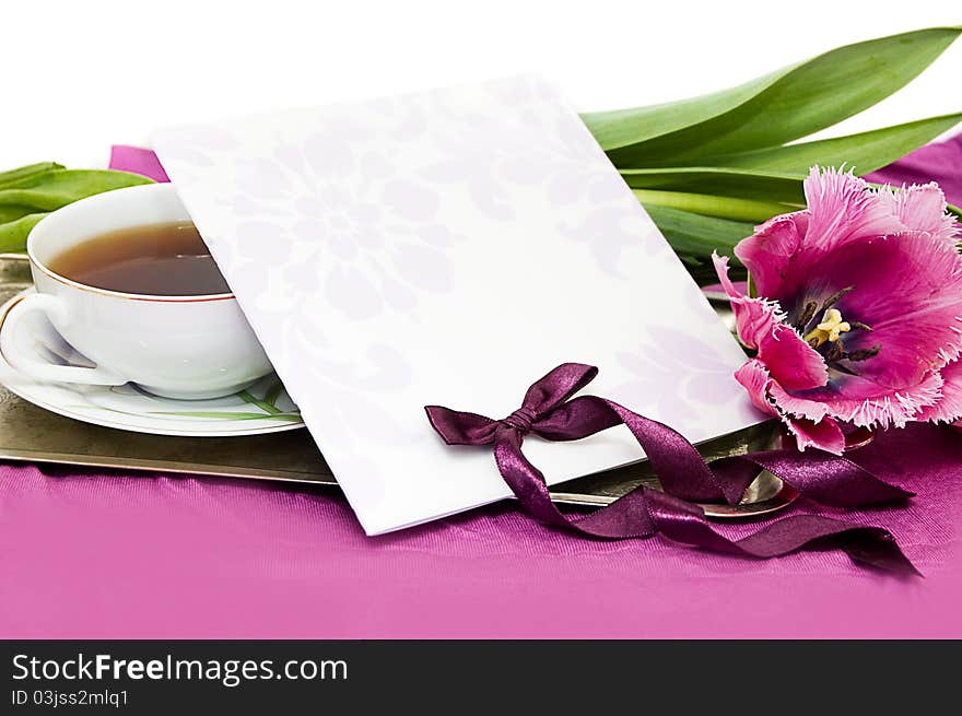 Greeting card with violet tulips and ribbon. Greeting card with violet tulips and ribbon