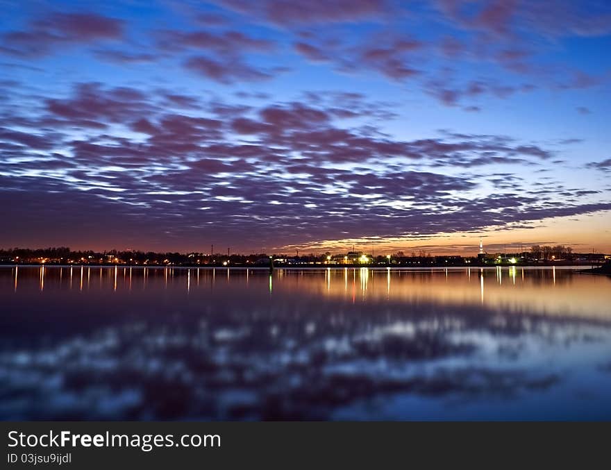 Sunrise over the river. Early morning.