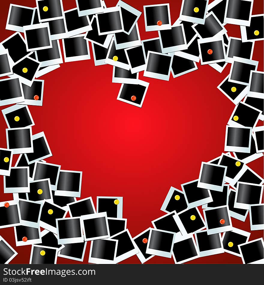 Illustration of heart made from photos on red bg