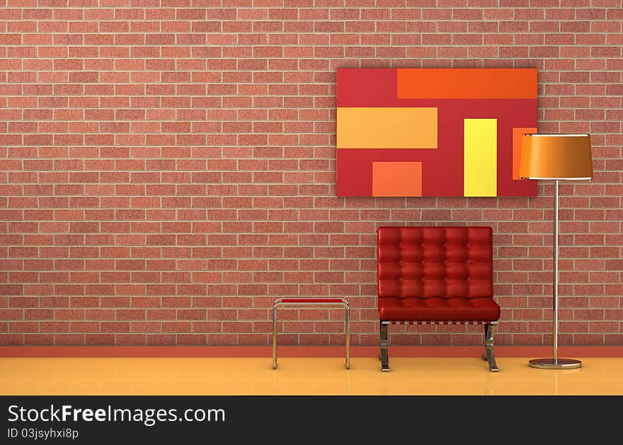 One room with the wall made with bricks. There are a lamp, a well known armchair and a table, the perfect relax corner (3d render)