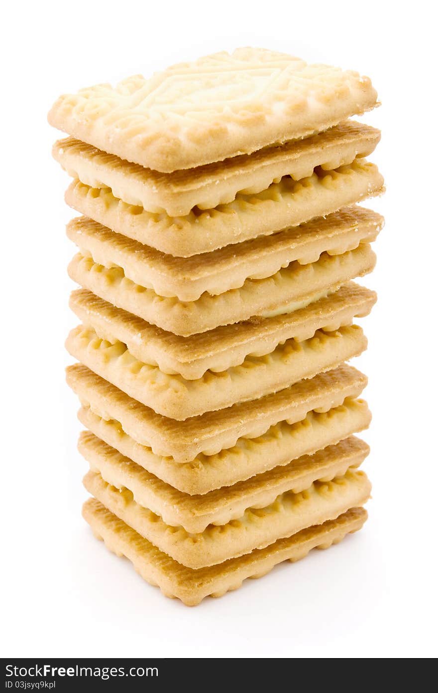 Tower of cream filled biscuits over white