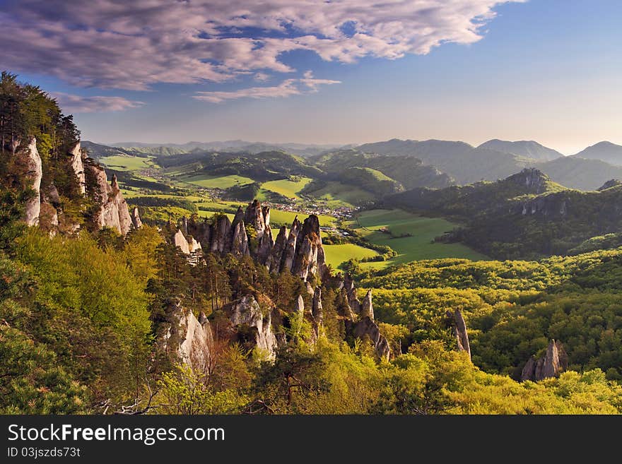 Climbing rock in green landscape, Slovakia