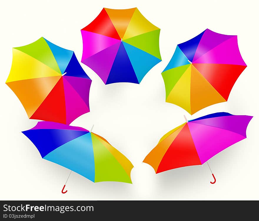 Multicolored rainbow umbrella shot from the top - isolated on white background;