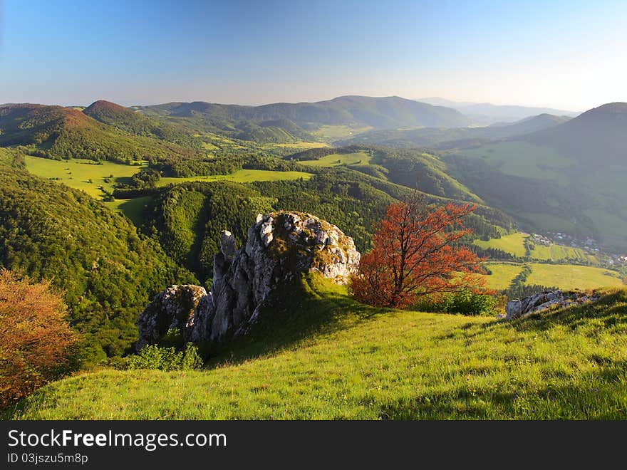 Mountains with green forest landscape.