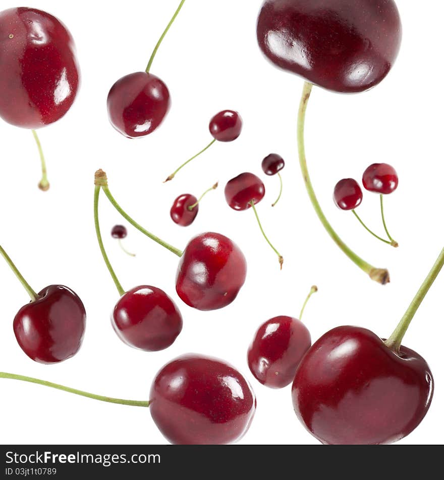 Rain cherries, cherries that fall from the white background. Rain cherries, cherries that fall from the white background