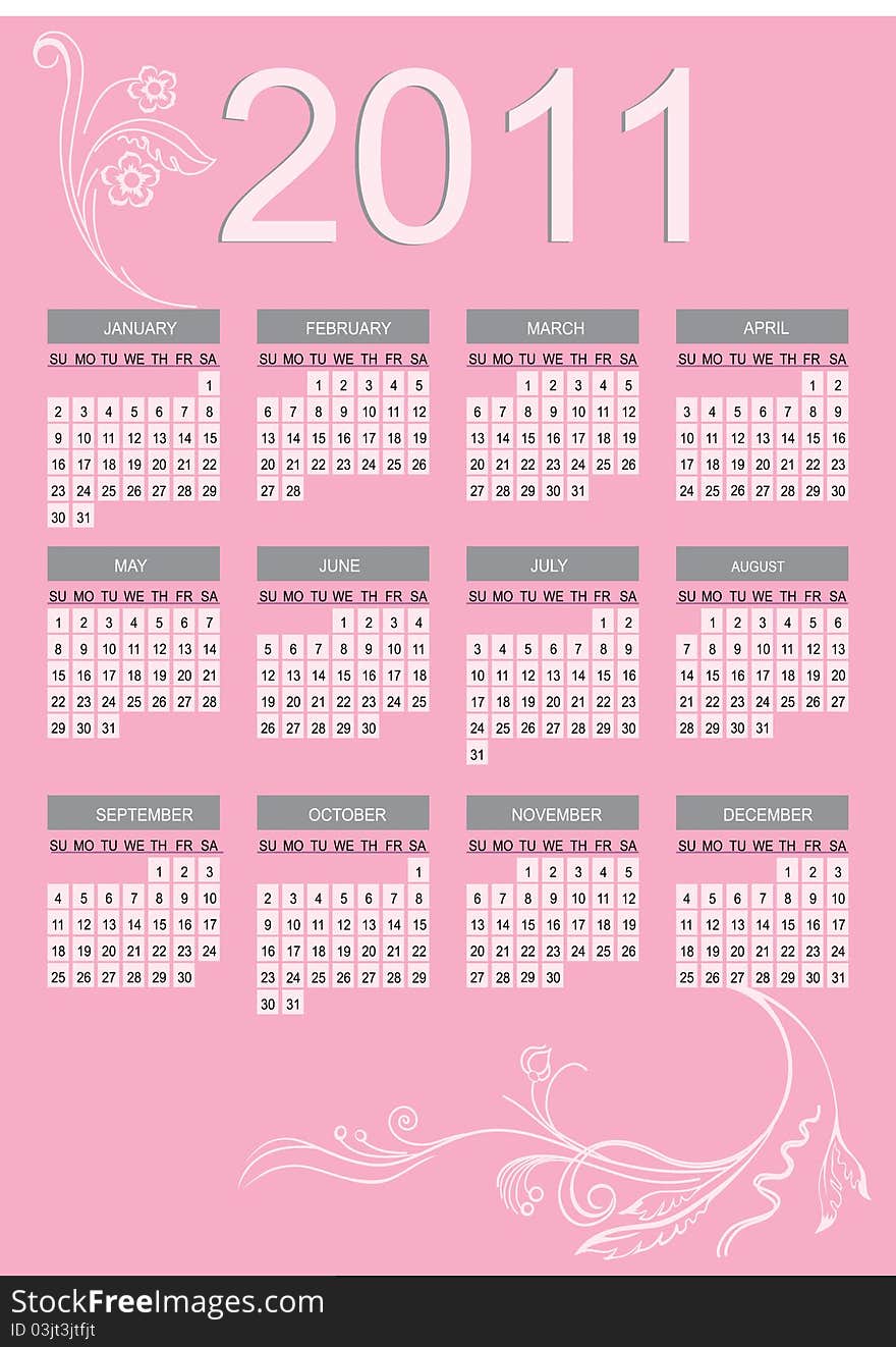 2011 calendar with pink background