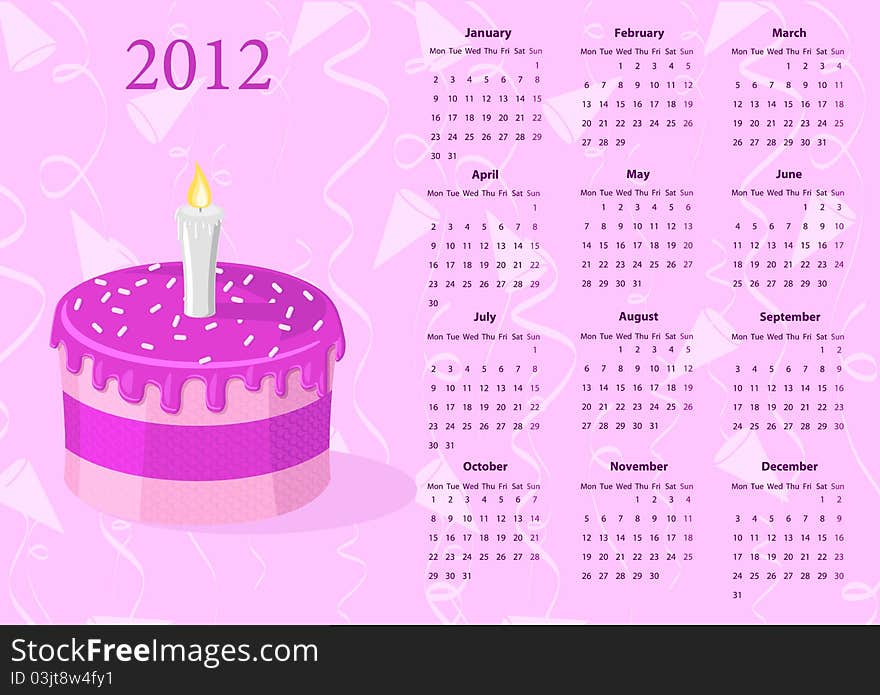 European Vector calendar 2012 with cake, starting from Mondays