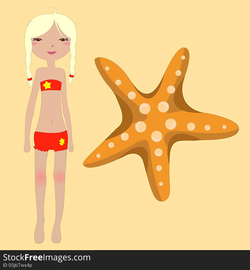 Vector Illustration of funny summer background with the little girl and starfish