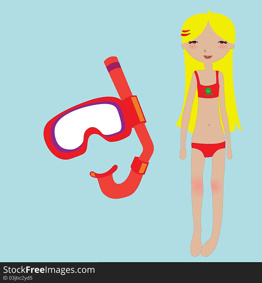 Vector Illustration of funny summer background with the little girl and snorkel mask