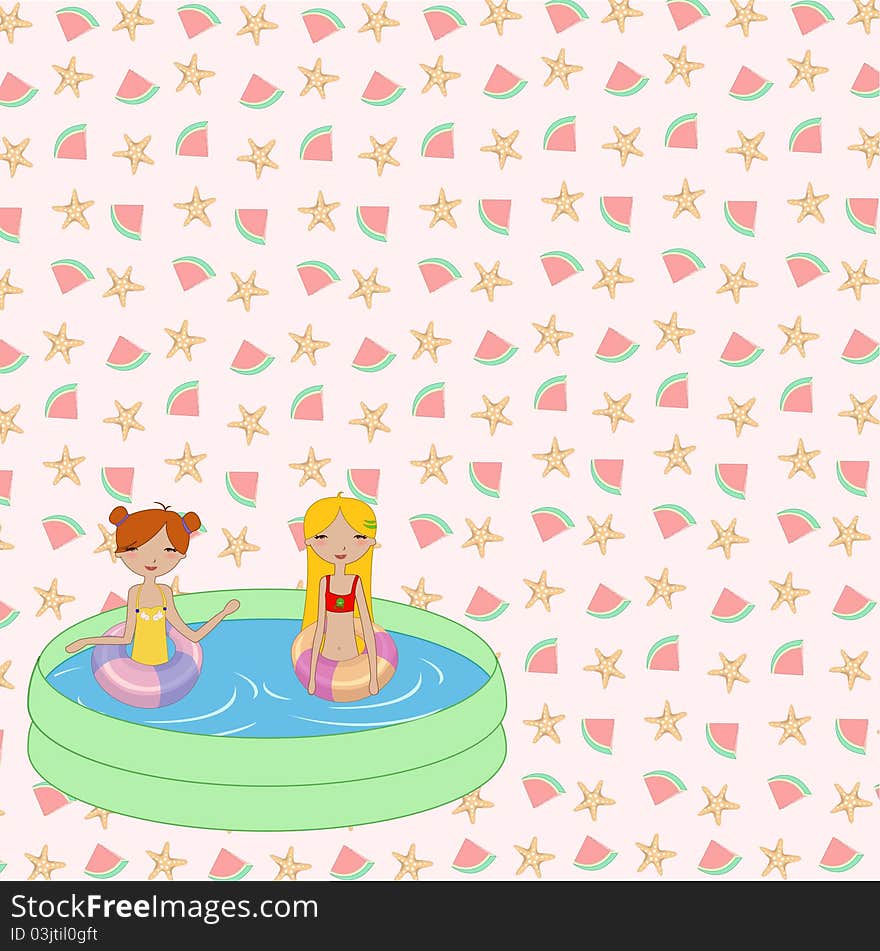 Vector Illustration of funny Kiddie style design summer background with Kids in the swimming pool