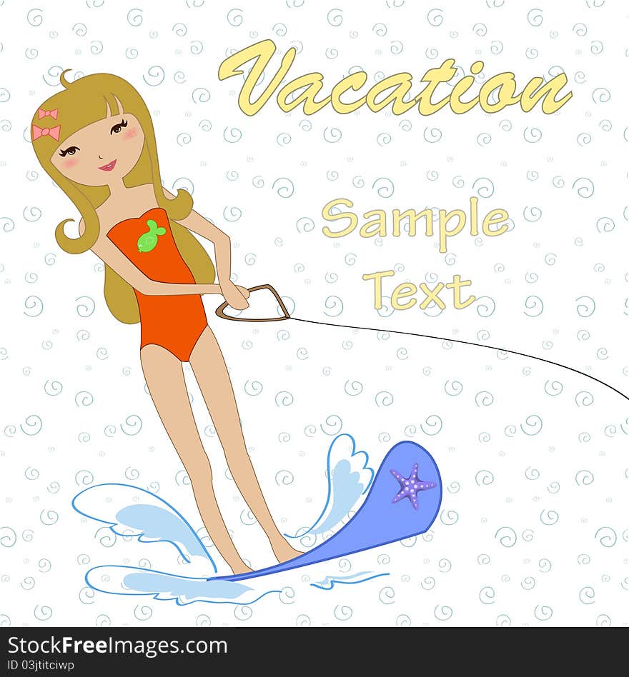 Vector Illustration of funny Kiddie style design summer background with Attractive girl water skiing