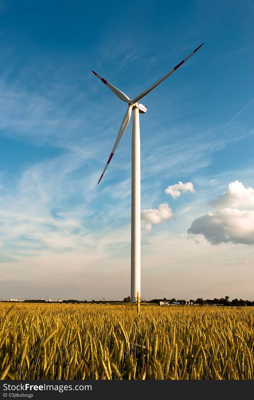 A wind turbine in the grain-field in front of blue sky. A wind turbine in the grain-field in front of blue sky