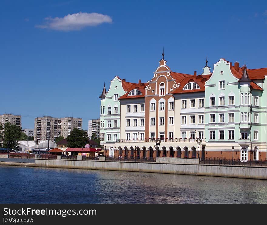 Beautiful houses on shore of the river on sunny day