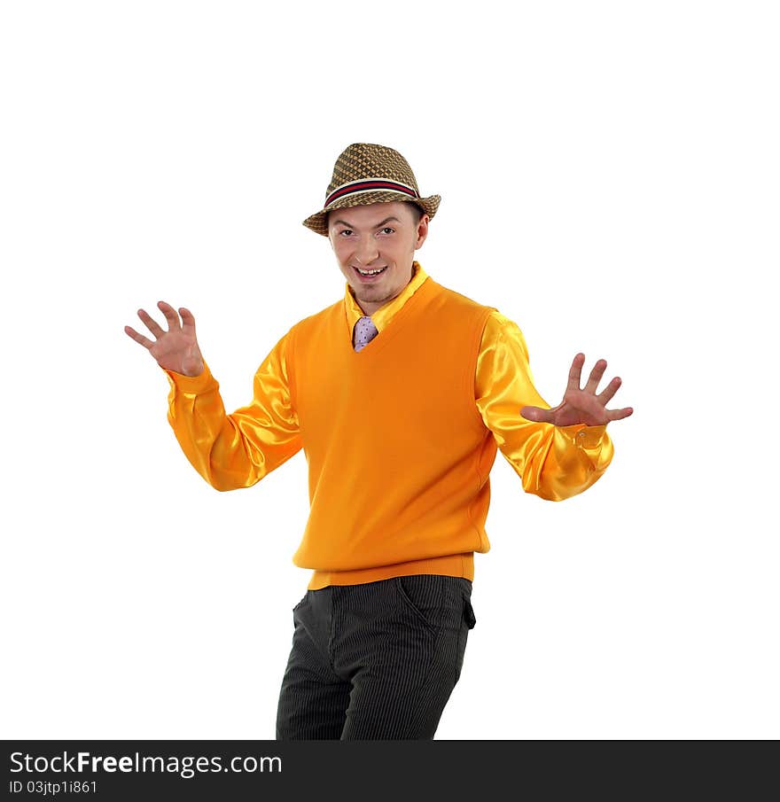 Young happy man in bright colour wear with funny expression