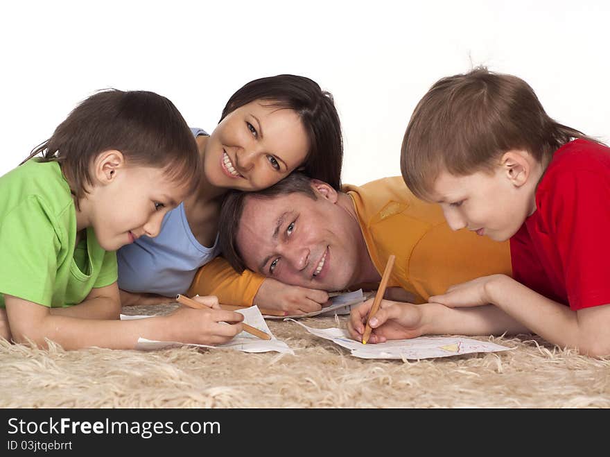 Nice family drawing on a carpet on white. Nice family drawing on a carpet on white