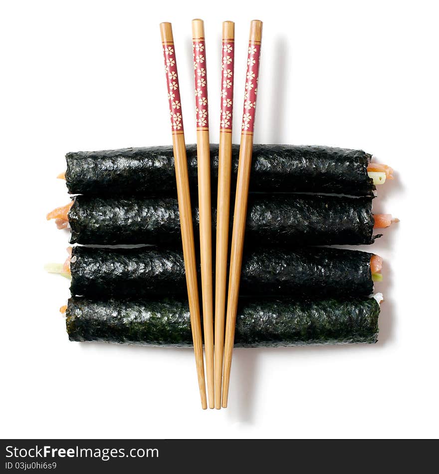 Sushi and Chopsticks on a white background