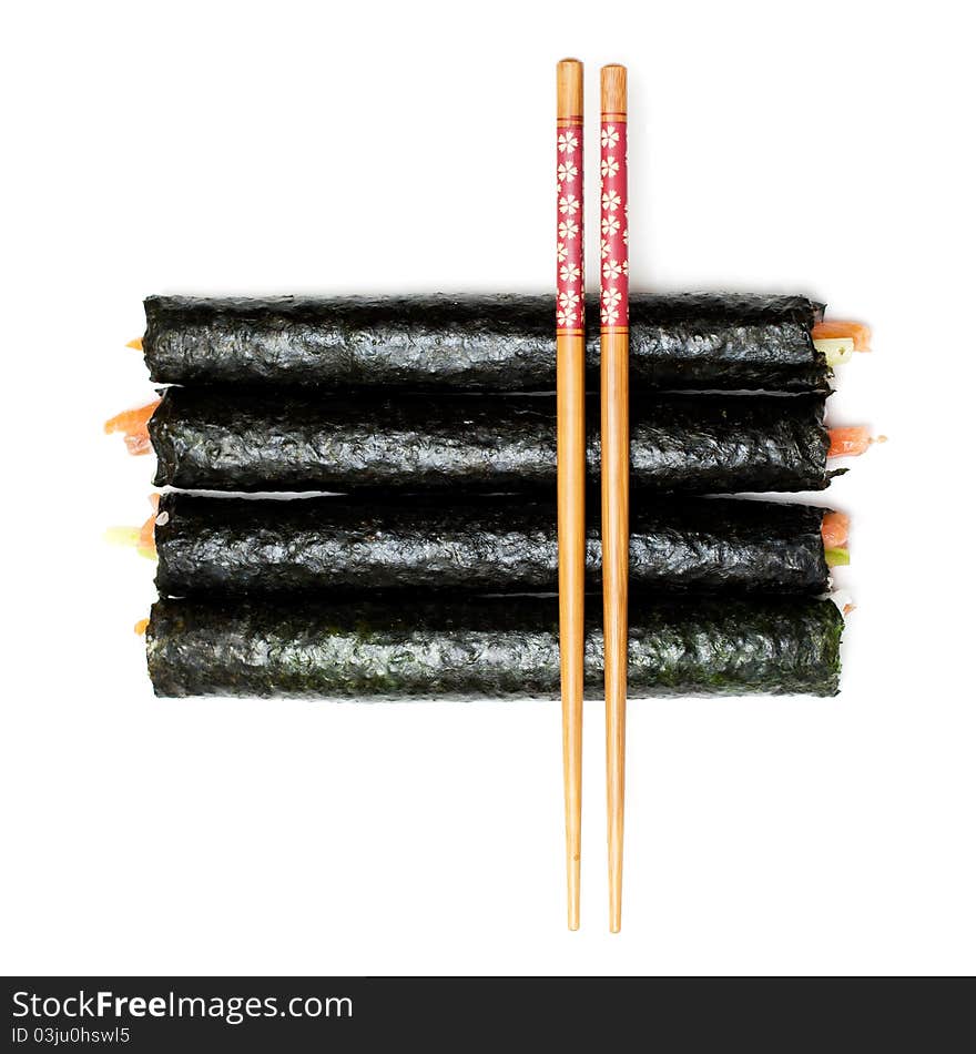 Sushi and Chopsticks on a white background