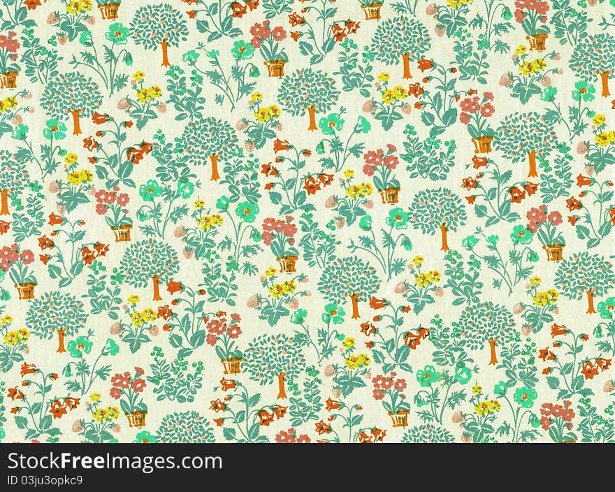 Naïve landscape with trees and flowers in green tones with orange and yellow. Naïve landscape with trees and flowers in green tones with orange and yellow.
