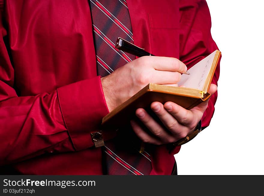 Businessman with organizer in hands isolated on white. Businessman with organizer in hands isolated on white