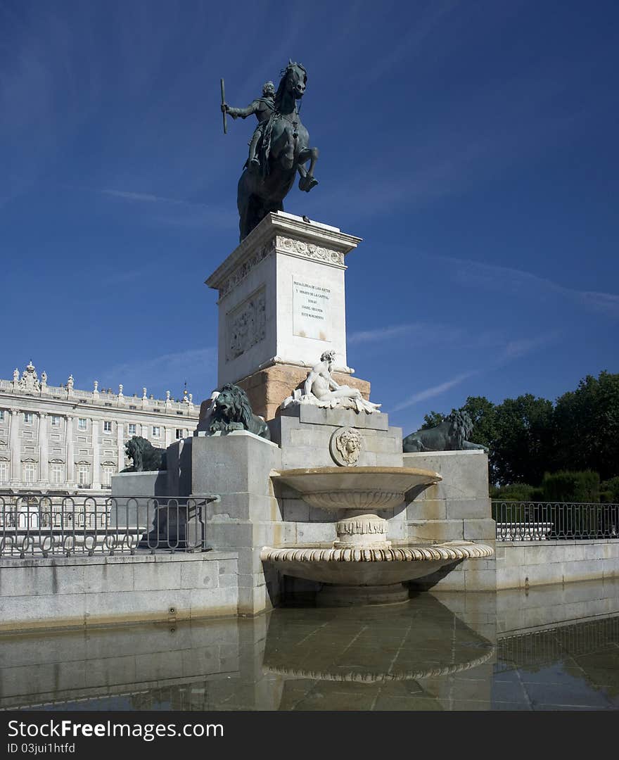 Statue of Felipe IV in front of Palacio Real . Plaza del Oriente. Madrid. Statue of Felipe IV in front of Palacio Real . Plaza del Oriente. Madrid