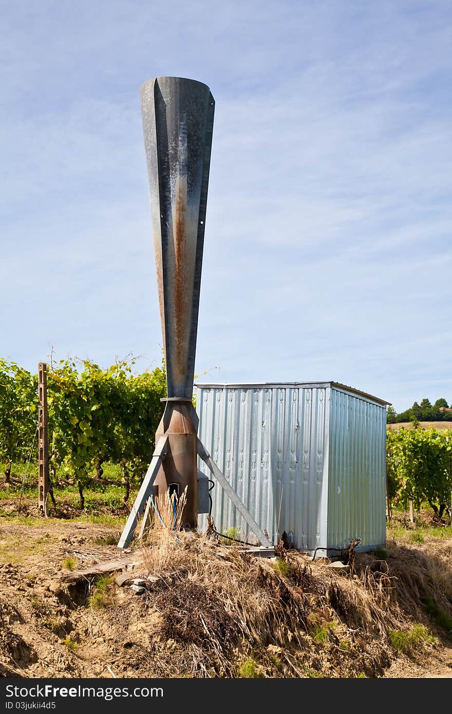 Hail cannon in Italian vineyard, Monferrato and Langhe area, Piemonte region.