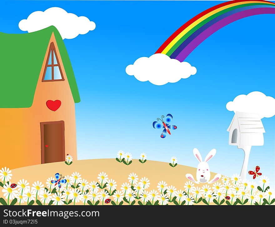 A house/cottage on a hill full of daisies on a rainbow-sunny day. A house/cottage on a hill full of daisies on a rainbow-sunny day