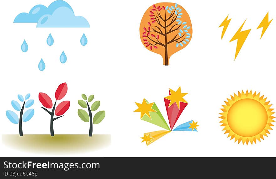 Vector nature theme including trees sun and clouds. Vector nature theme including trees sun and clouds