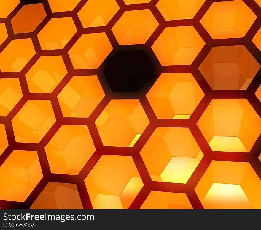 Computer generated hexagon array with orange glow. Computer generated hexagon array with orange glow