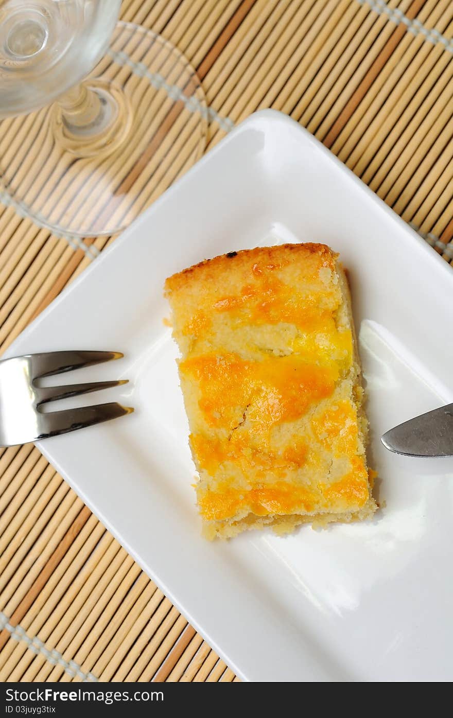 Top down view of one slice of special cake as snack. Top down view of one slice of special cake as snack.