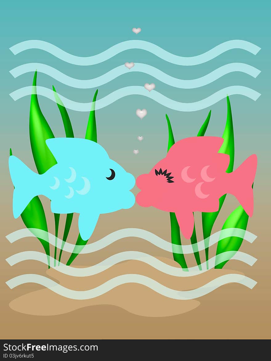 Pink and blue fish with lips kissing illustration. Pink and blue fish with lips kissing illustration