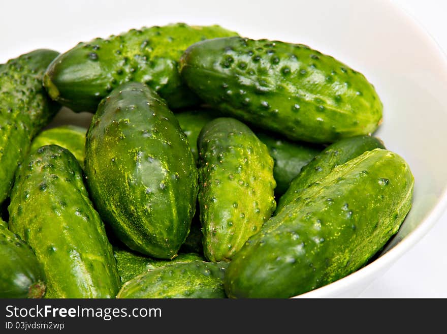 Fresh home-grown cucumbers on white plate. Fresh home-grown cucumbers on white plate