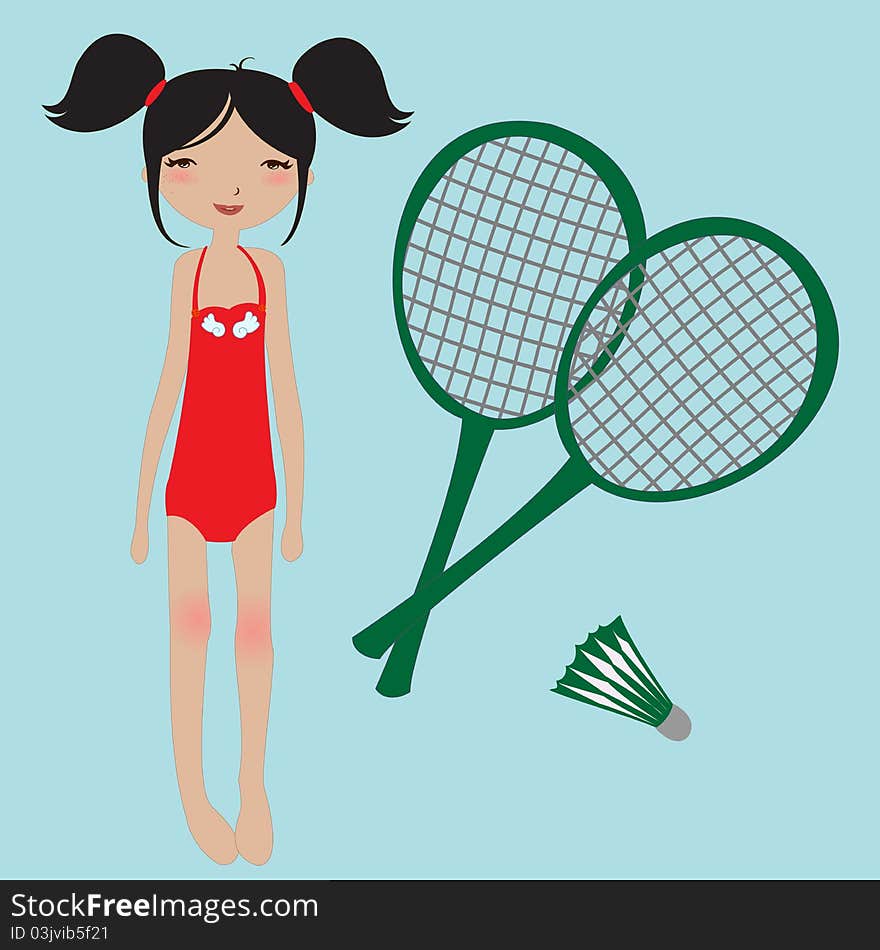 Vector Illustration of funny summer background with the little girl and badminton rackets