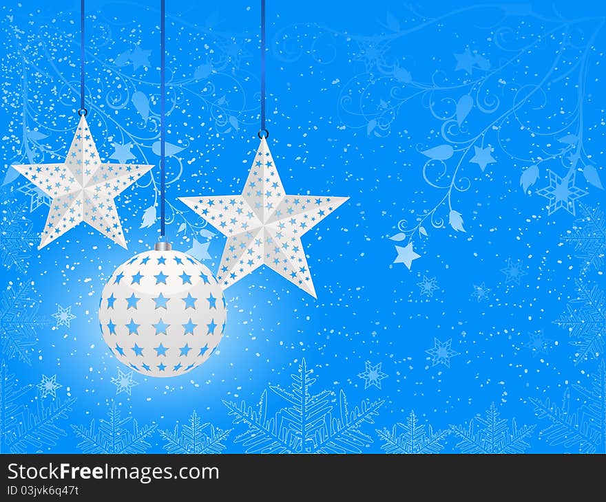 White star and round baubles on a blue background with flourishes and snowflakes. White star and round baubles on a blue background with flourishes and snowflakes