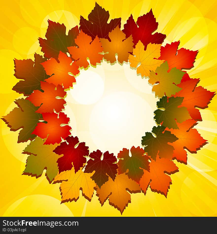 Autumn leaves in a circluar border with glowing circles. Autumn leaves in a circluar border with glowing circles