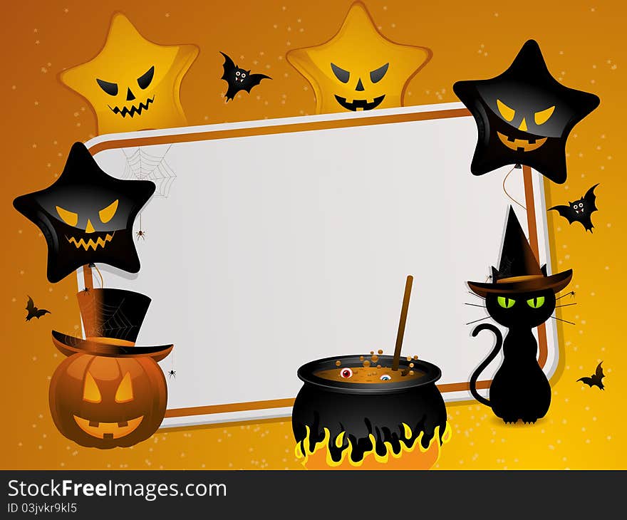 Halloween background with area for message and pumpkin, black cat, cauldron, bats and balloons. Halloween background with area for message and pumpkin, black cat, cauldron, bats and balloons