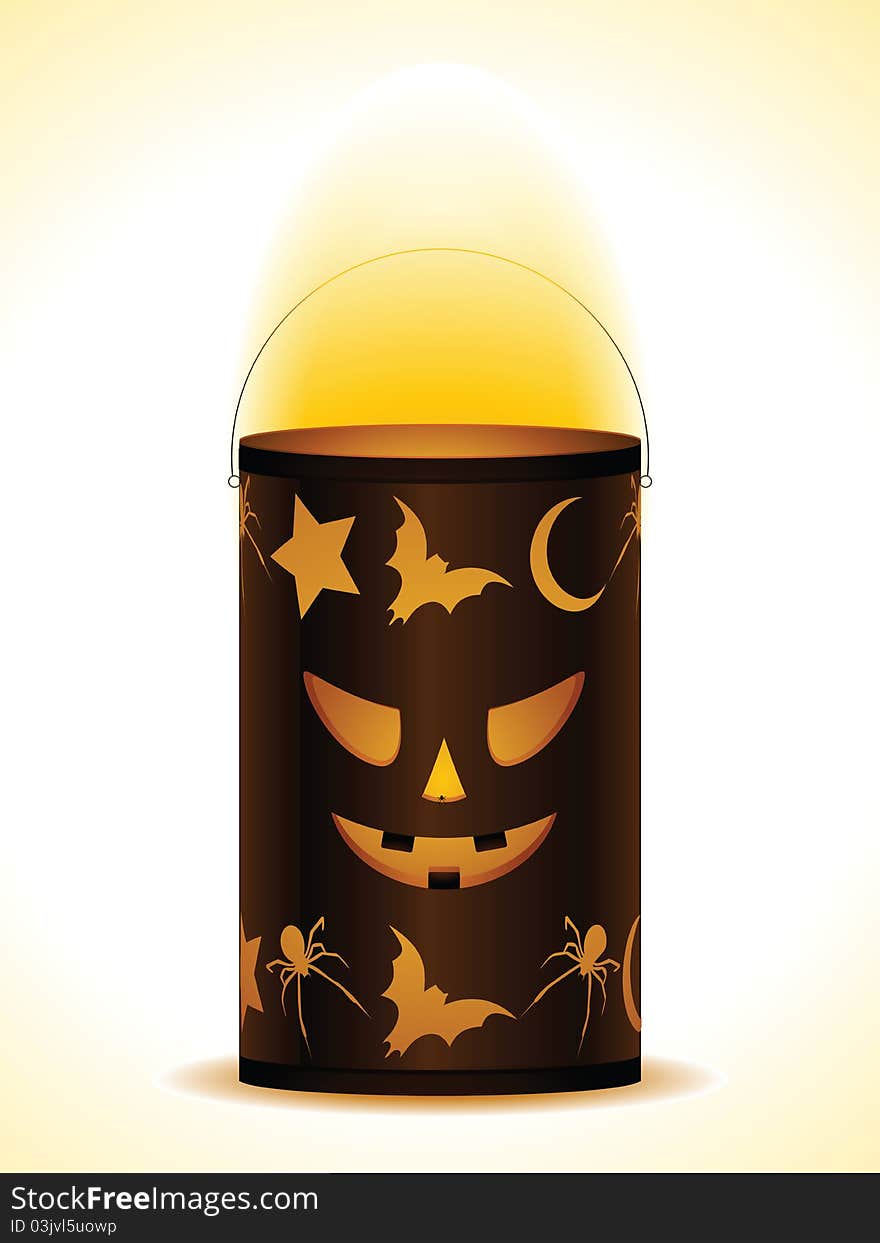 Glowing halloween lantern with scary face on a white background