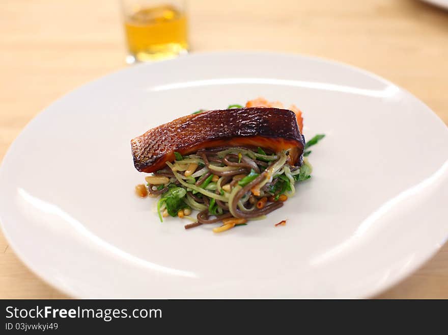 Salmon Filled On Soba Noodles