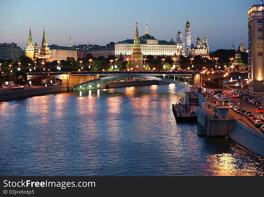 Russia, Moscow, night view of the Moskva River, Bridge and the Kremlin