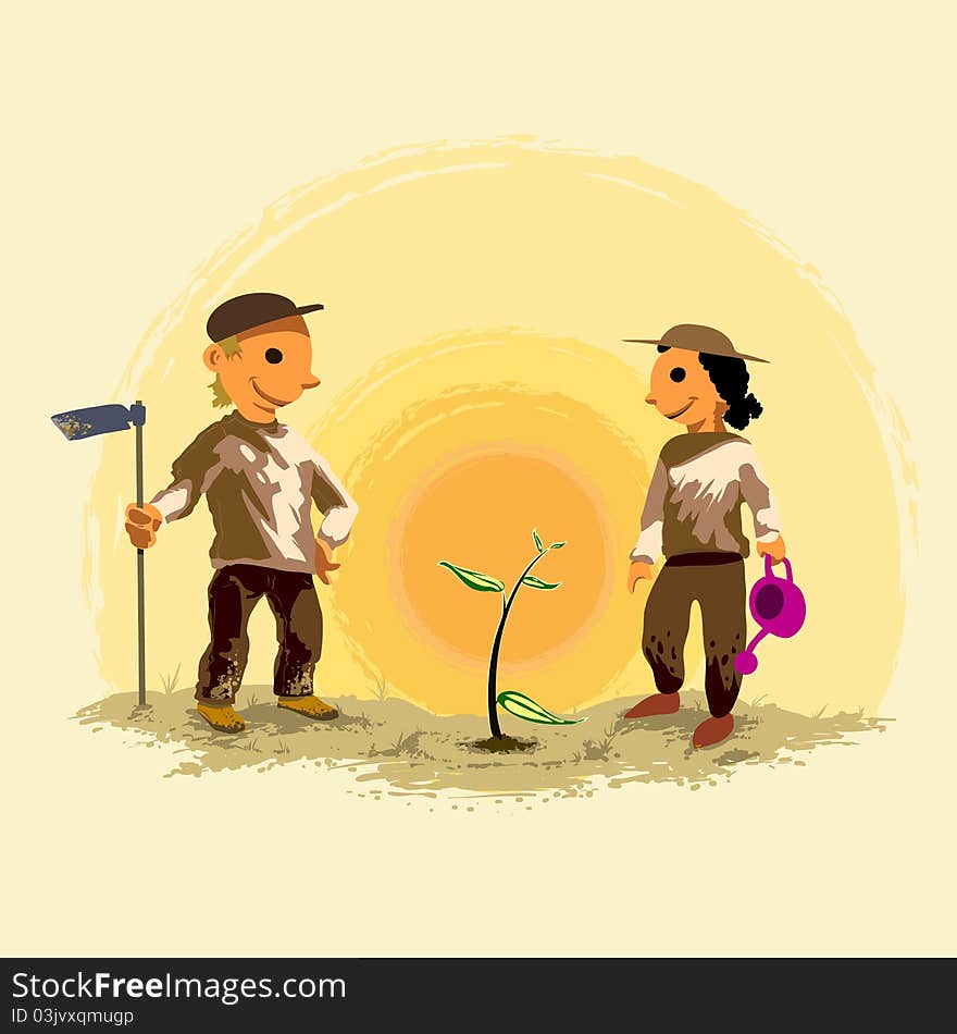 Environmental - illustration of two kids planting a tree.