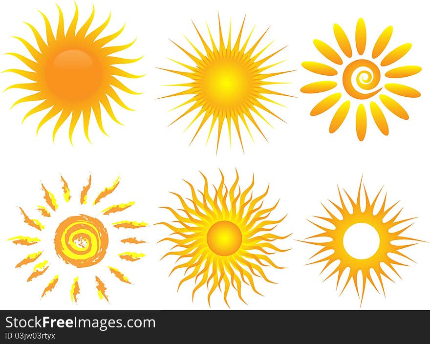 Six different suns isolated on the white background