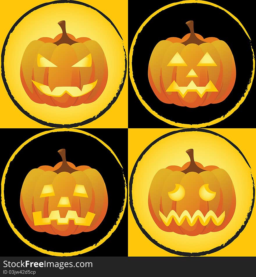 Pumpkins with different facial expressions on bright orange and black background with circular borders. Pumpkins with different facial expressions on bright orange and black background with circular borders