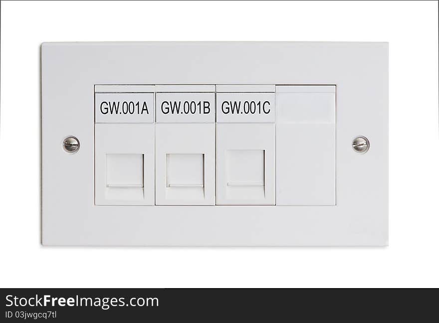 Wall socket for ethernet connections isolated against a white background. Wall socket for ethernet connections isolated against a white background