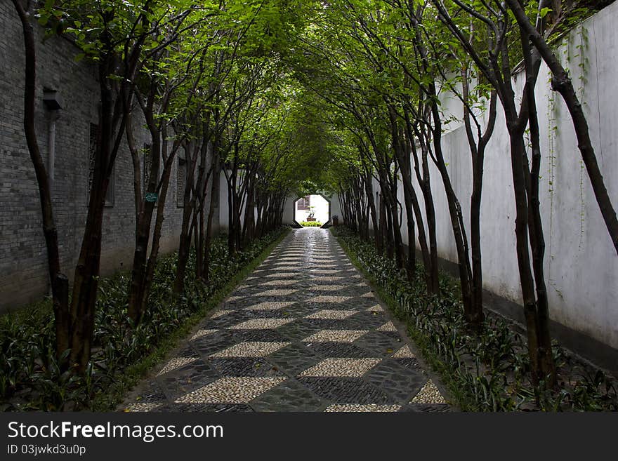 Picture taken in Ge Yuan,YangZhou. It is a typical privately owned garden. Picture shows the tree alley of the garden to the house. Picture taken in Ge Yuan,YangZhou. It is a typical privately owned garden. Picture shows the tree alley of the garden to the house.