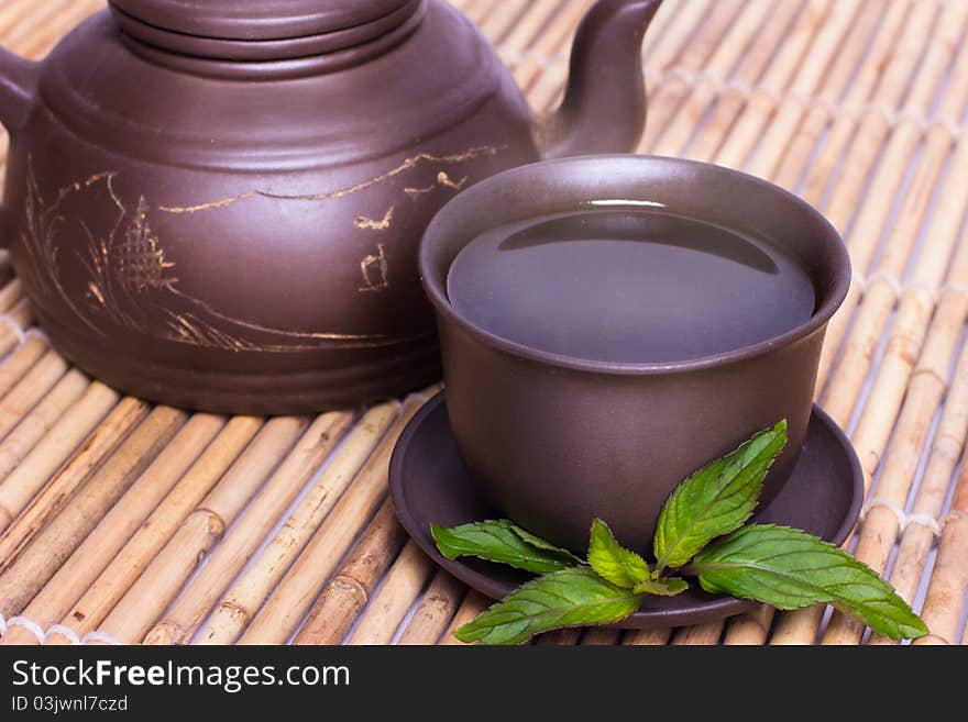 China tea on the bamboo,close-up