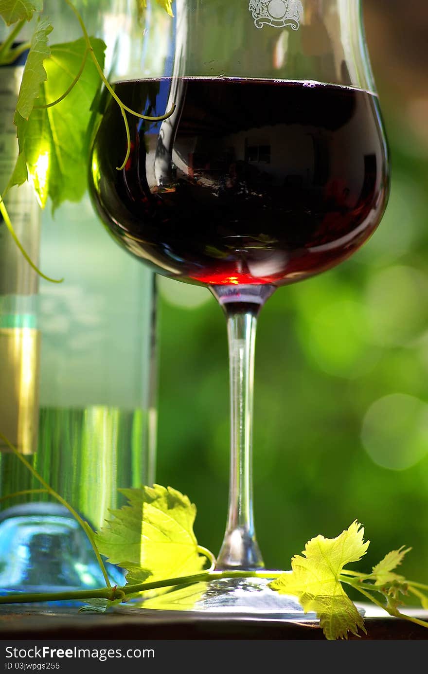 Bottle of red wine with glassand leaves. Bottle of red wine with glassand leaves.