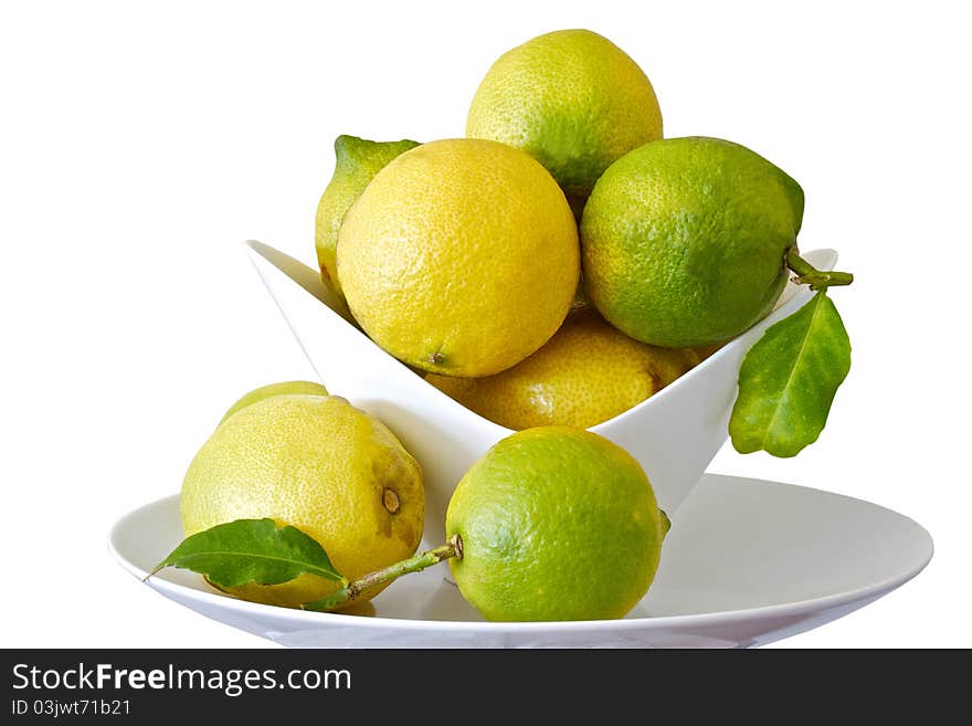 Lemons in a bowl , isolated on a white background