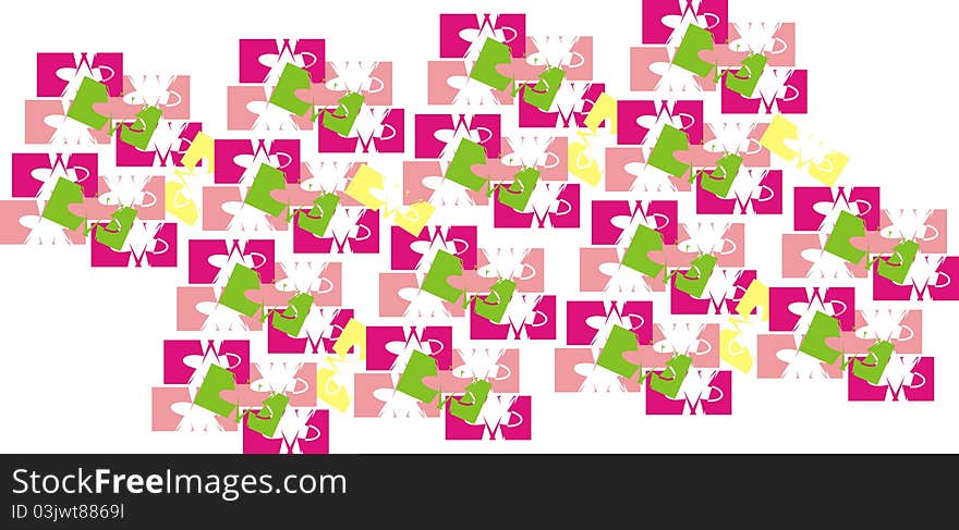 Colored abstract images for fabric (red, pink, yellow, green), illustration on white background