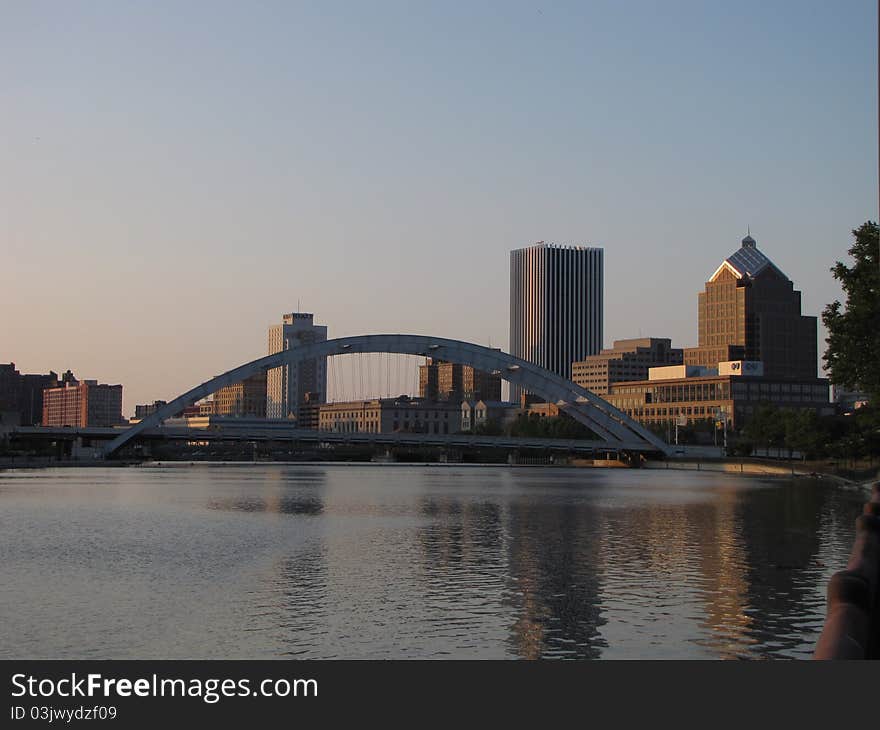 The Freddy sue Bridge with the Rochester skyline in the Background